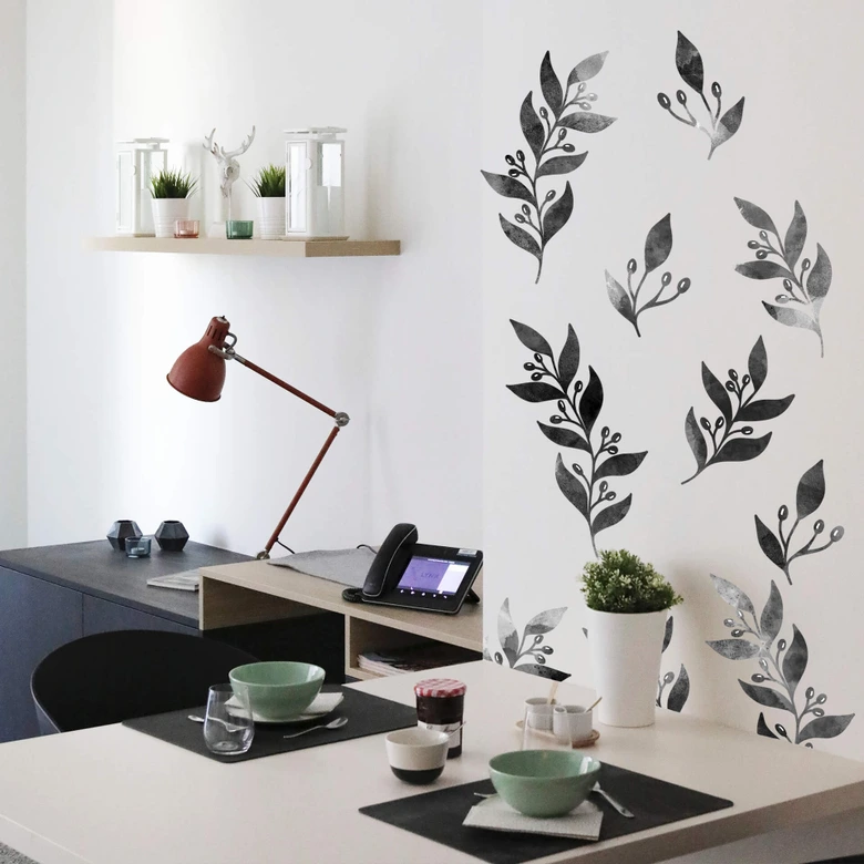 Wandtattoo eingefärbte Zweige mit Beeren schwarz 
