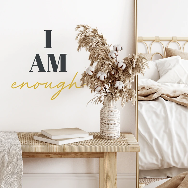 Sticker mural Affirmation Proverbe - I am enough anthracite-jaune moutarde 