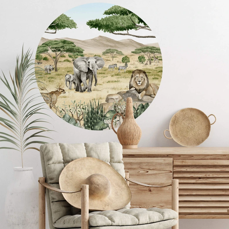 Sticker mural rond Kikki Belle - La savane 