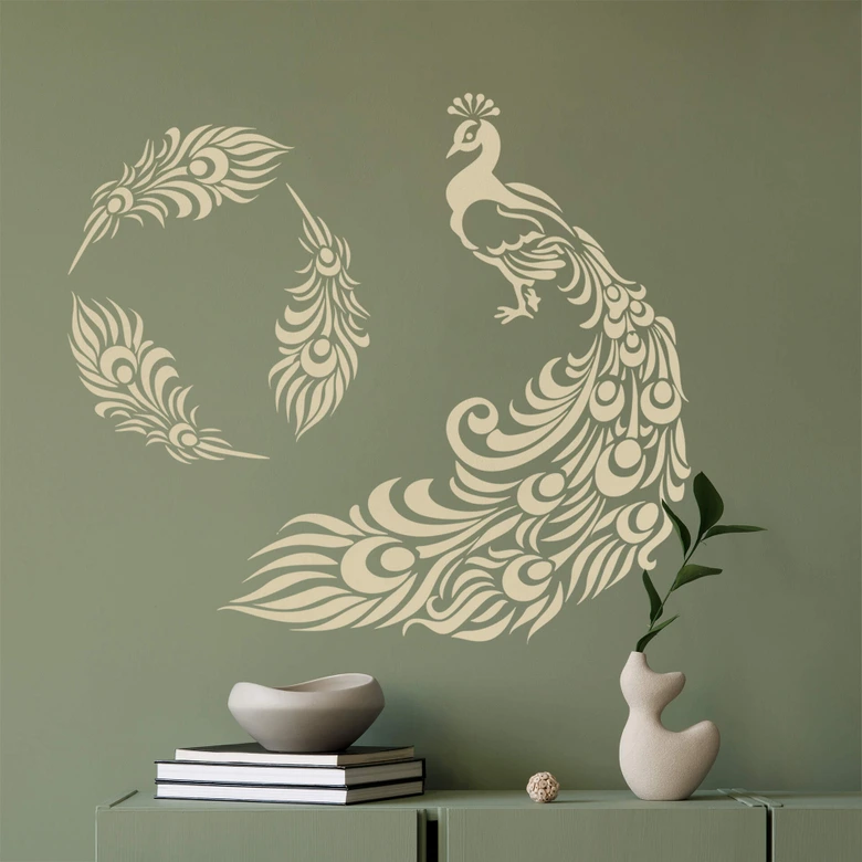 Wandtattoo Kleiner Pfau mit langem Federkleid + 3 Pfauenfedern 