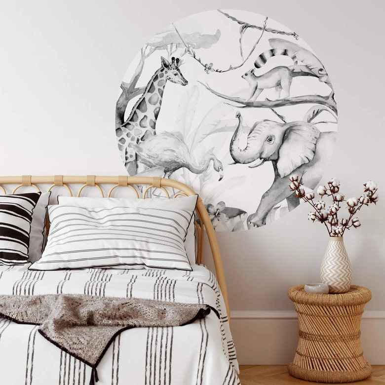 Wandtattoo Kvilis - Tierfreunde im Dschungel - schwarz-weiß - Rund 