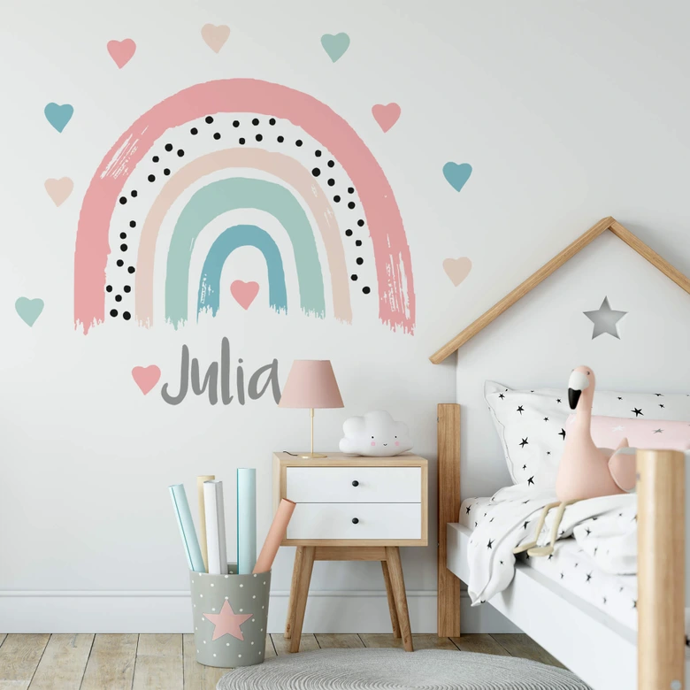 Wandtattoo Wunschname + Regenbogen Pastell rosé mint mit Herzchen 