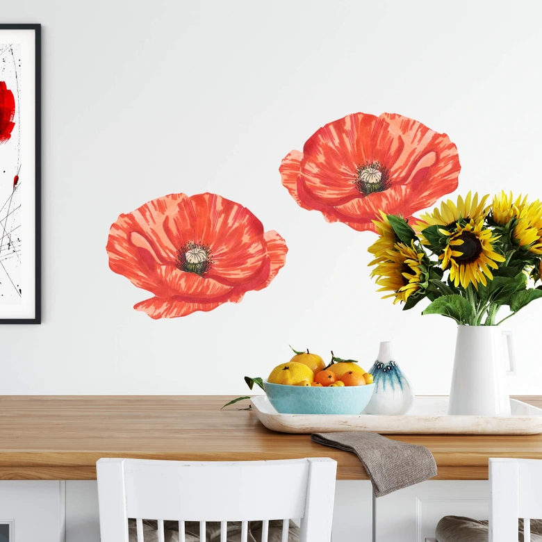 Wandtattoo Rote Mohnblüte von oben Watercolor 
