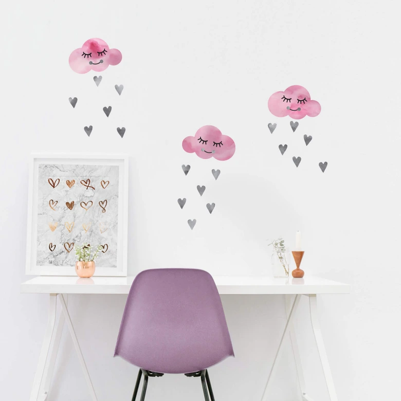 Wandtattoo Watercolor Wolken rosa + graue Herzen 