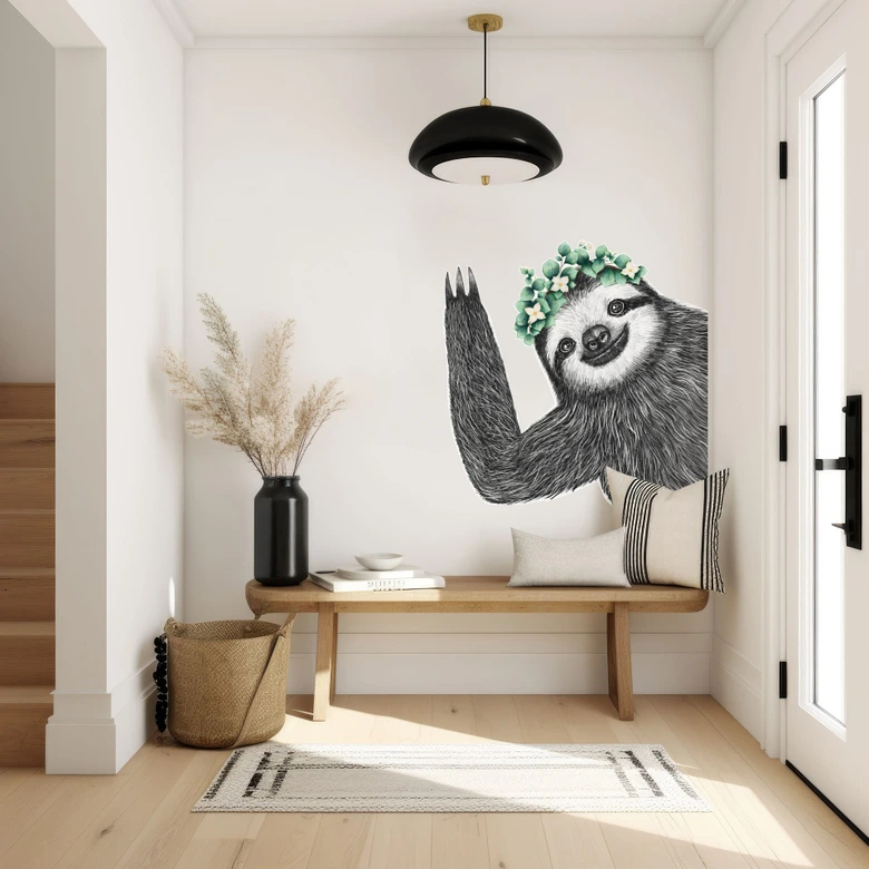 Vinkende dovendyr med blomsterkrans Wallsticker - Korenkova 