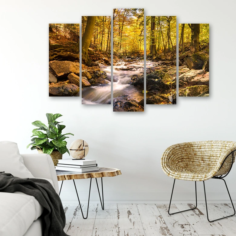 Leinwandbild 5 teilig, Herbstwald Bergbach 