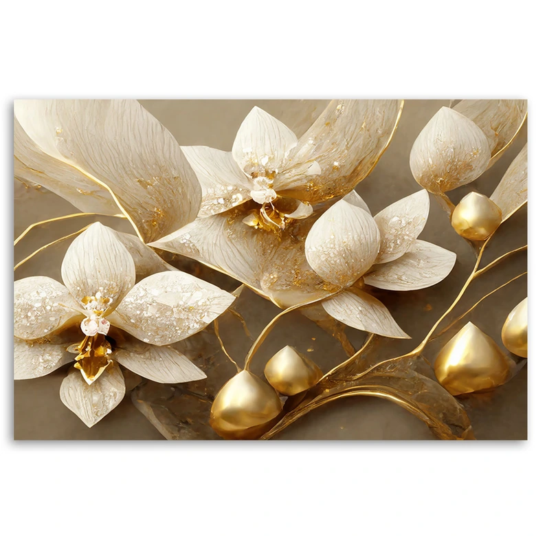 Canvas schilderij, 3D bloemen glamour goud 
