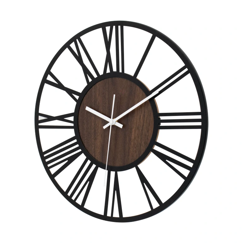 Design wall clock Wood & Steel with walnut wood look and Roman numerals Ø40 cm 