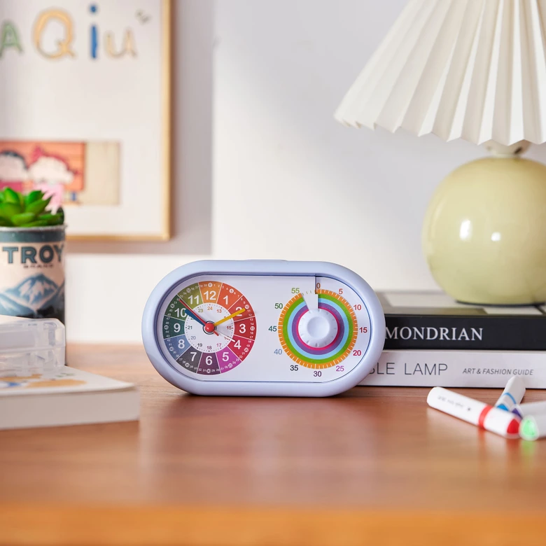 Kinderuhr Tischuhr mit Wecker und Timer-Funktion, Regenbogen blau, 16x9,5 cm 