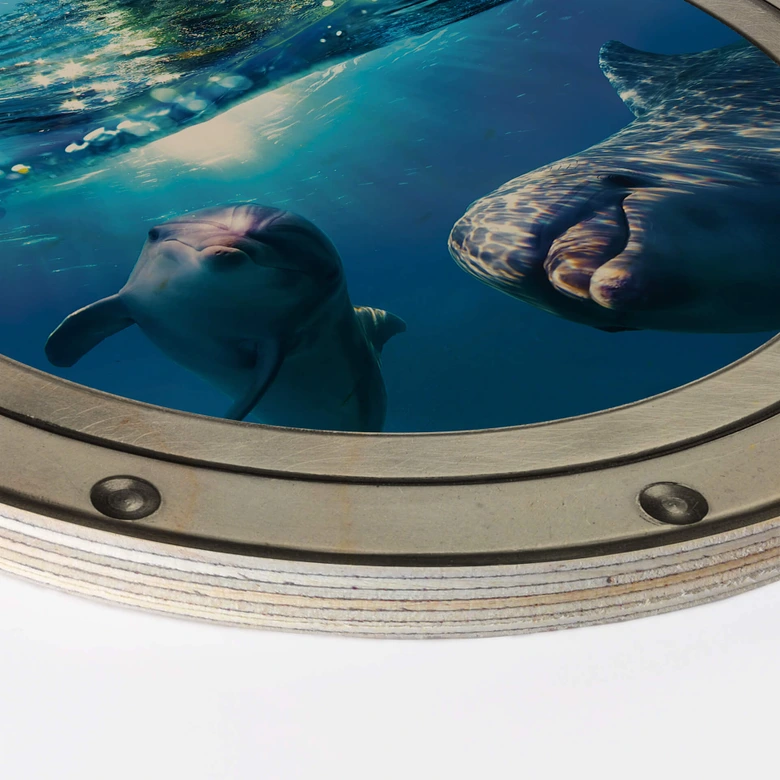 Holzbild 3D Optik - Dolphins Underwater - Rund 