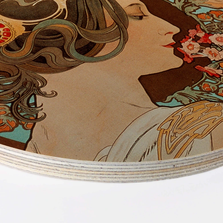 Tableau sur bois Mucha - La primevère - Rond 
