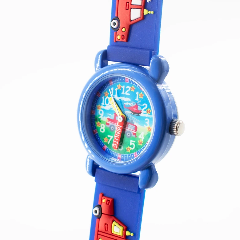 Kinder Armbanduhr - Lernuhr analog aus Silikon - Feuerwehrauto blau 