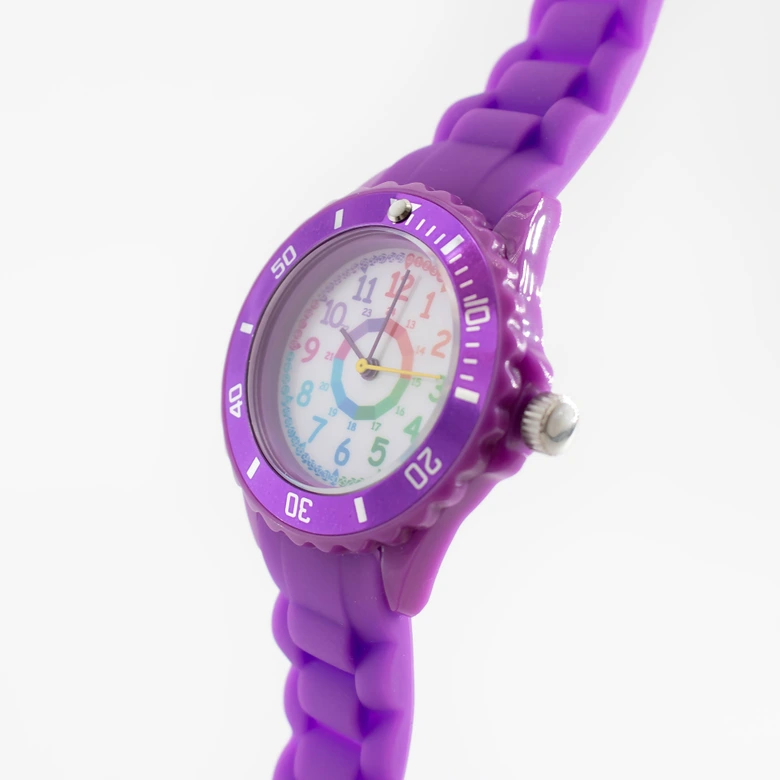 Zegarek na rękę dla dzieci - analogowy zegarek edukacyjny wykonany z silikonu - fioletowy z tęczową tarczą 