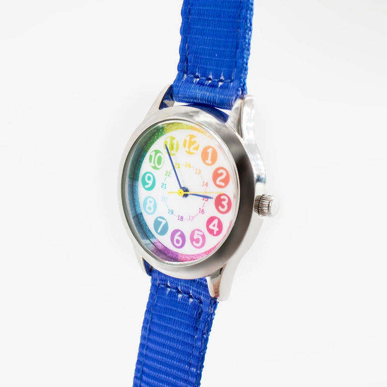 Kinder Armbanduhr - Lernuhr analog - Blau mit Regenbogen Zifferblatt 