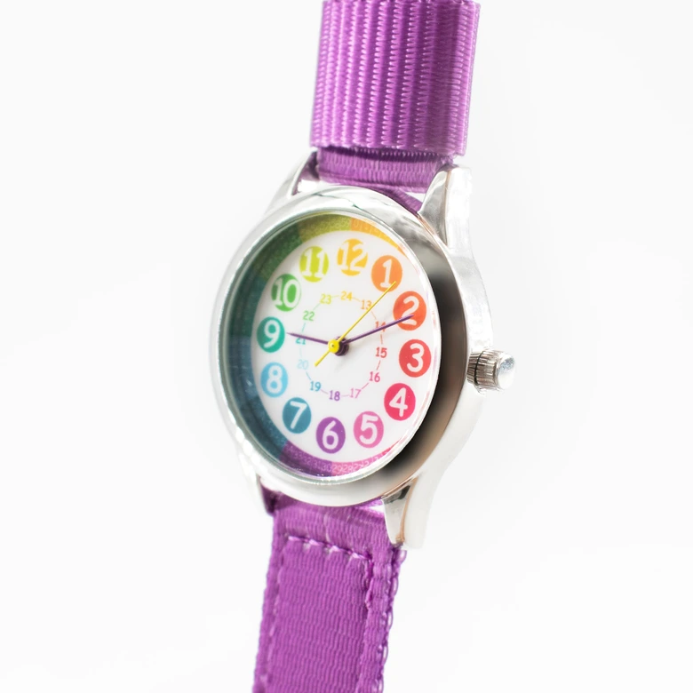 Kinder Armbanduhr - Lernuhr analog - Violett mit Regenbogen Zifferblatt 
