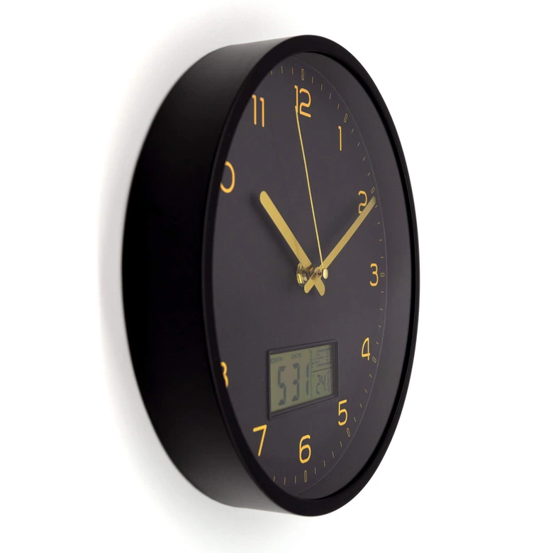 Analoge Wanduhr mit Digitalanzeige Schwarz-Gold Ø 25 cm 