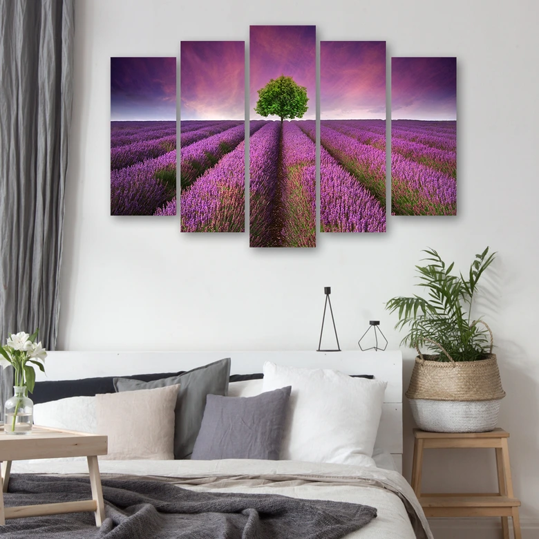Leinwandbild 5 teilig, Lila Wiese Blumen 
