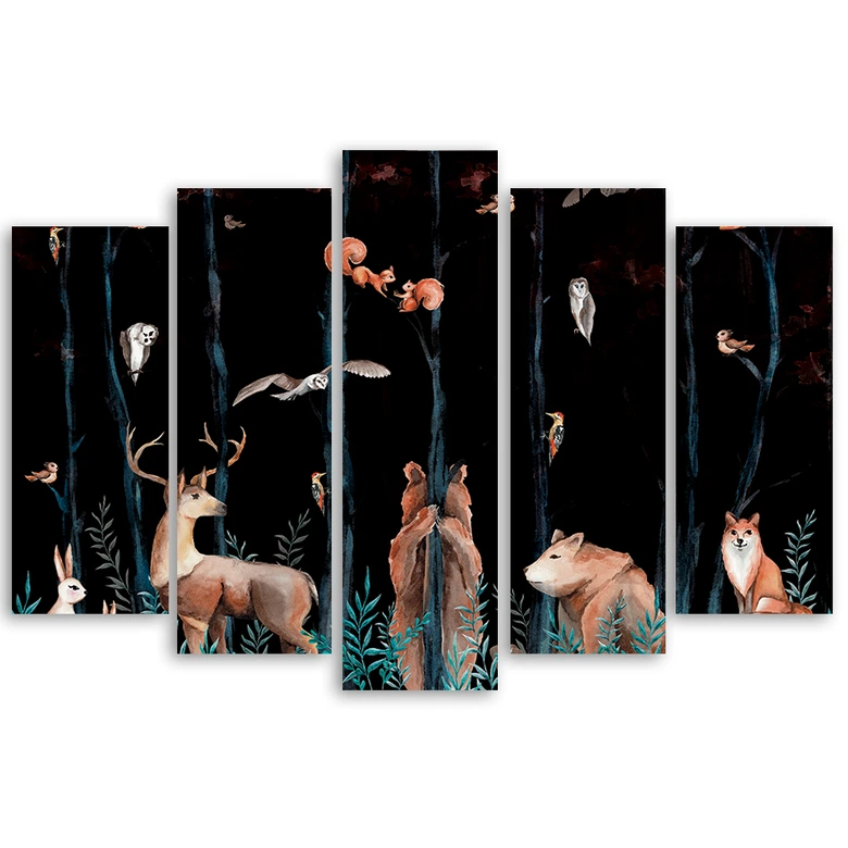 Leinwandbild 5 teilig, Waldtiere Hirschbär Fuchs 