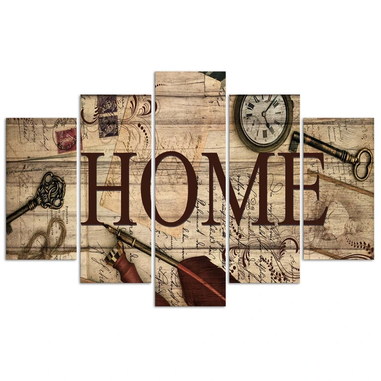 Leinwandbild 5 teilig, Home Retro Brown Aufschrift 