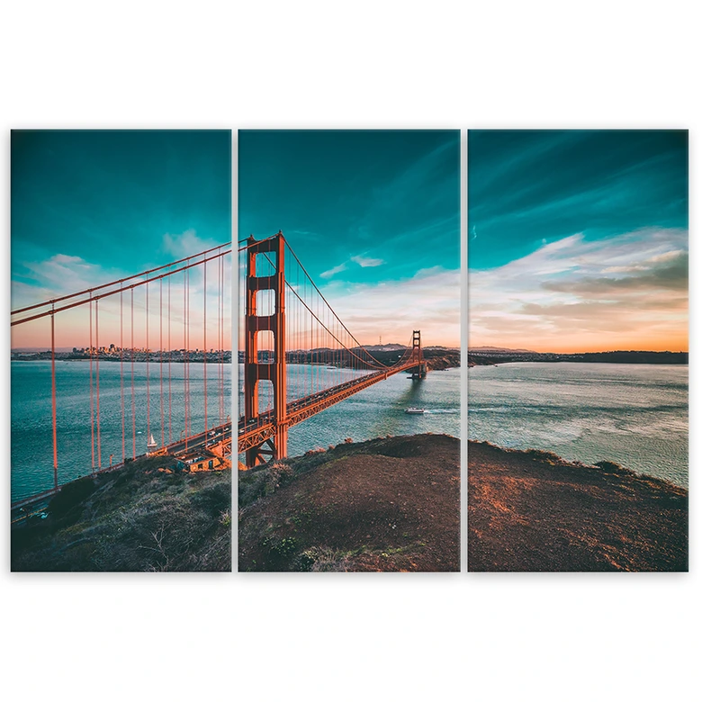 3 stykke lærredstryk, Golden Gate Bridge San Francisco turkis 