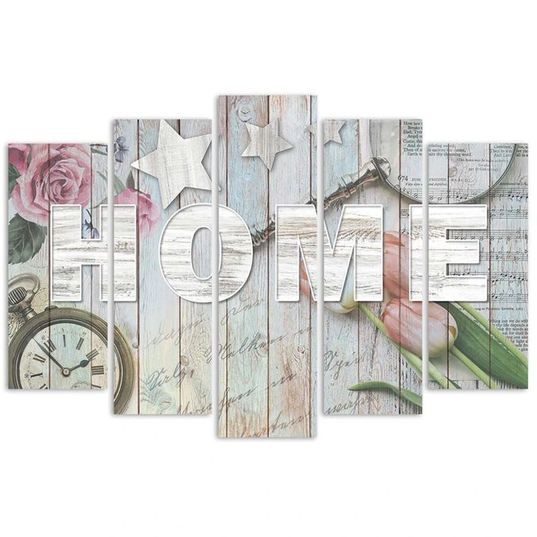 Leinwandbild 5 teilig, Home Holz Inschrift Blumen 