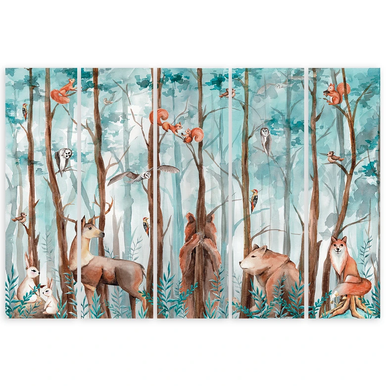 Leinwandbild 5 teilig, Waldtiere Hirschbär Fuchs 