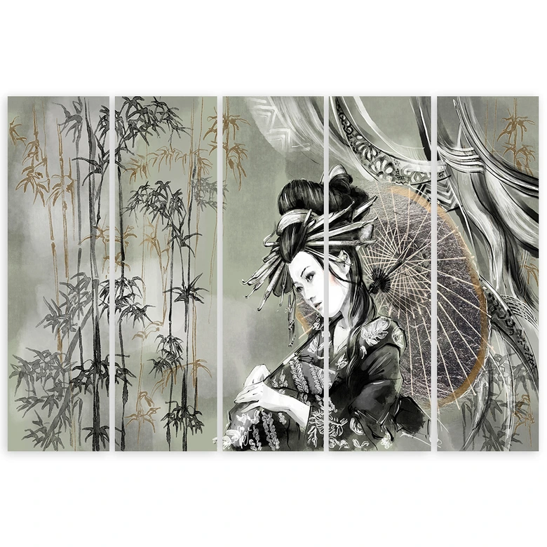 Leinwandbild 5 teilig, Geisha und Bambus 