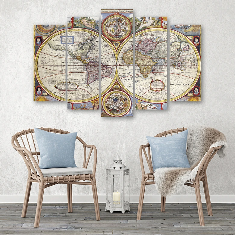 Leinwandbild 5 teilig, Vintage Alte Weltkarte 