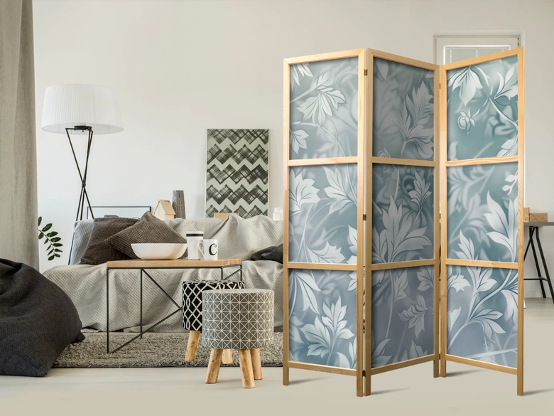 Japanischer Paravent, Raumteiler freistehend, Trennwand - Ornaments in Worn Muted Turquoises 