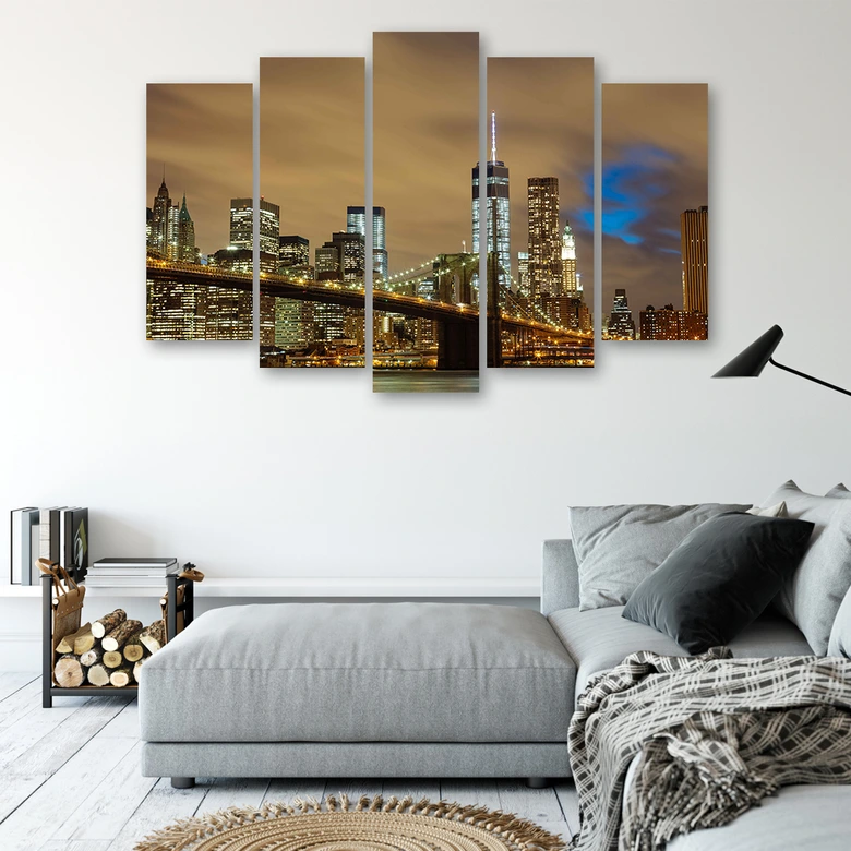 Wandbild 5-teilig, New York Skyline USA Manhattan Braun 