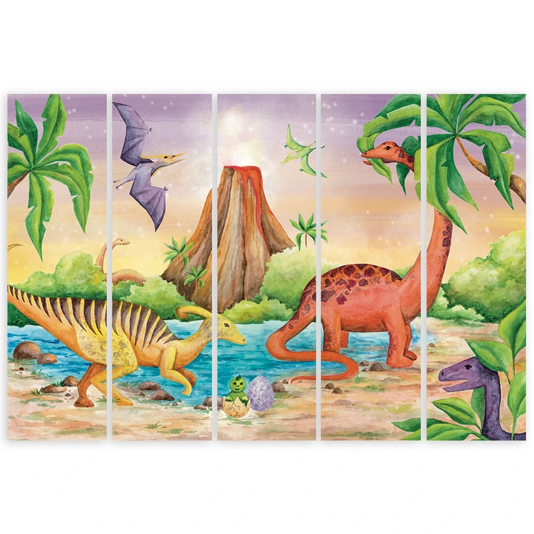 Leinwandbild 5 teilig, Dinosaurier am See 