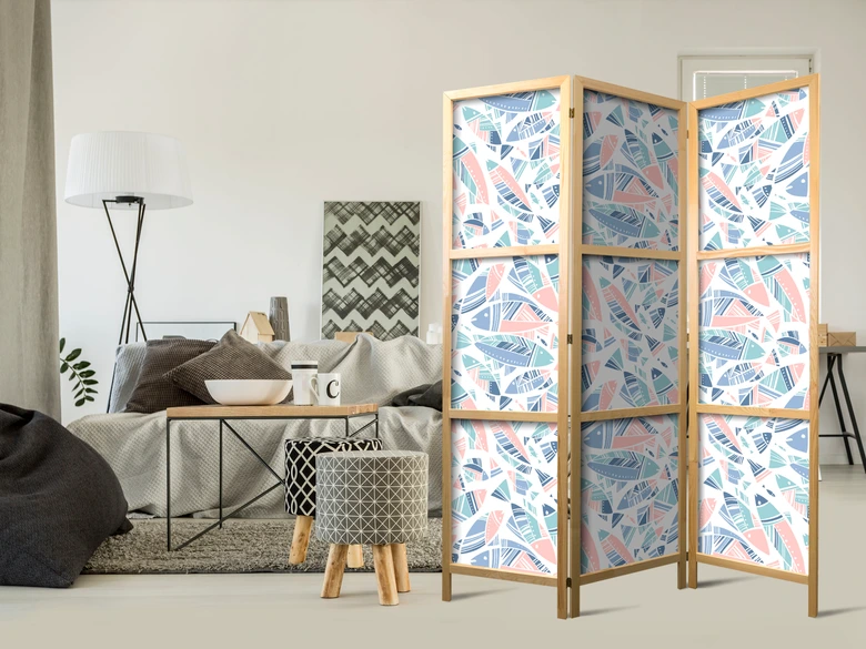 Japanischer Paravent, Raumteiler freistehend, Trennwand - Fish in Aztec Style in Pastel Color Shade 