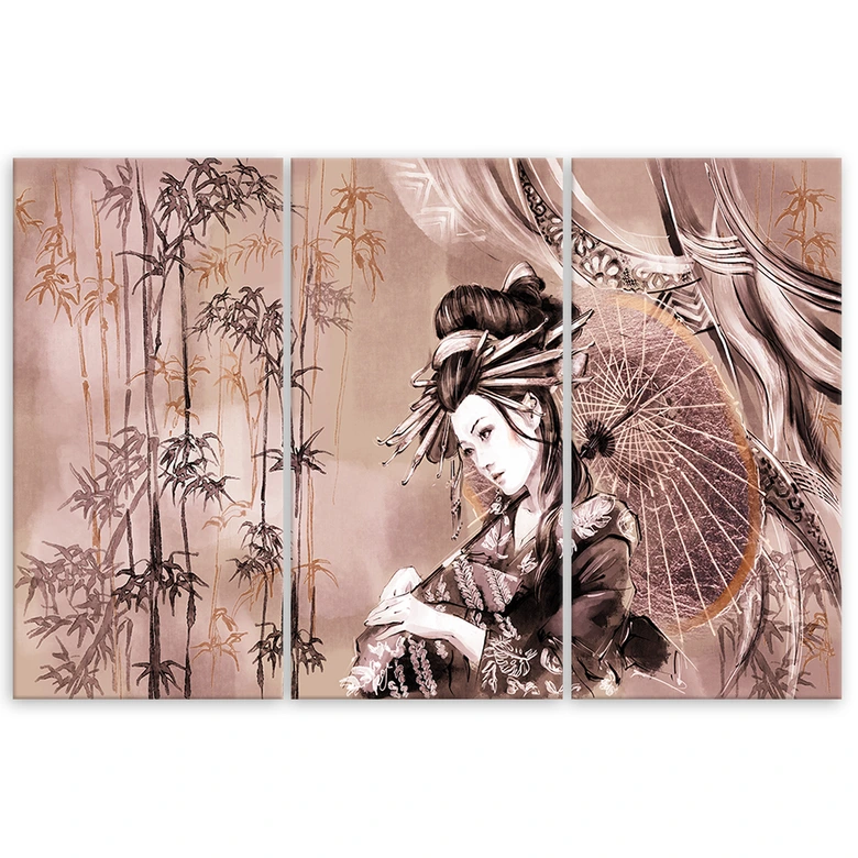 Leinwandbild 3 teilig, Geisha und Bambus 