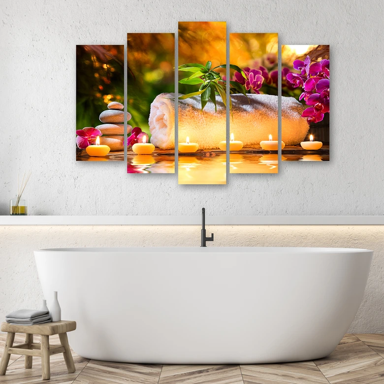 Leinwandbild 5 teilig, Zen Orchidee Steine Kerzen 
