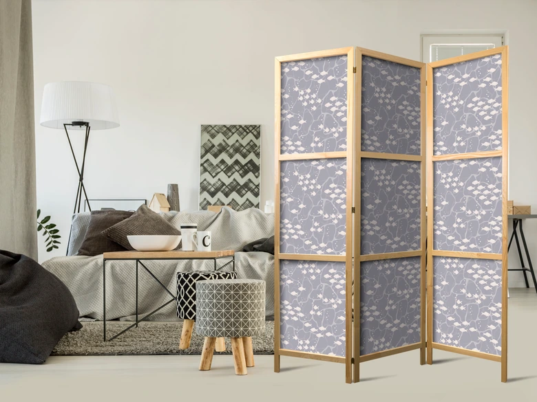 Japanischer Paravent, Raumteiler freistehend, Trennwand - Tiny Light-Beige Fish: Oceanic Depths 
