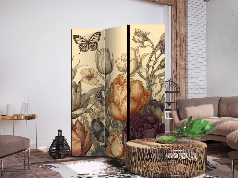 Paravent, Raumteiler freistehend, Trennwand - Tulips in Cream 