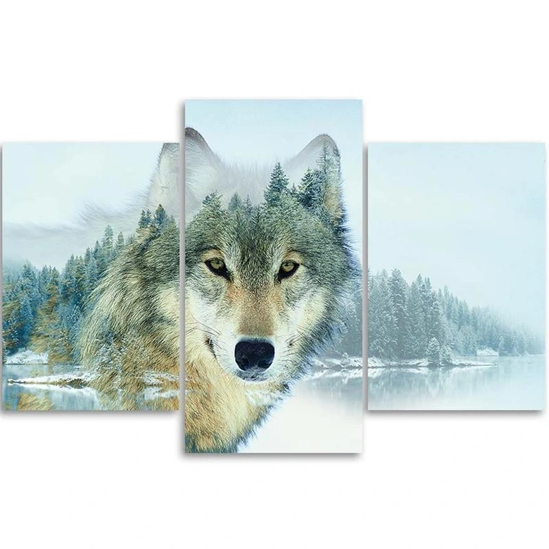Leinwandbild 3-teilig, Wolf Wald Berge Natur 