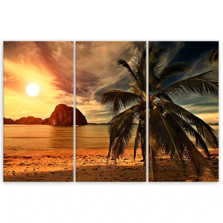 Leinwandbild 3-teilig, Meer Sonnenuntergang Palmen 