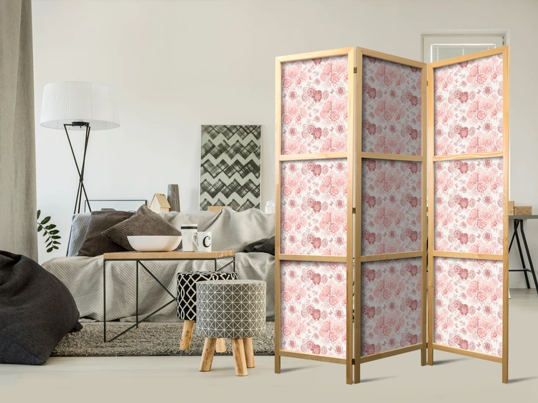Japanischer Paravent, Raumteiler freistehend, Trennwand - Pink Blossoming on White Background 3-teilig 135x172 cm