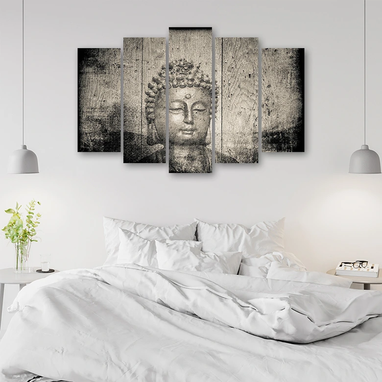 Leinwandbild 5 teilig, Buddha Zen Feng Shui Grau 