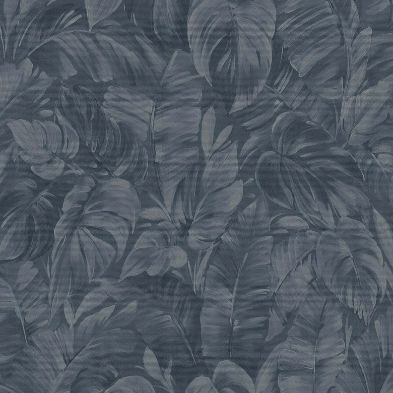 Non-woven tapet med junglemotiver i blå, grå 