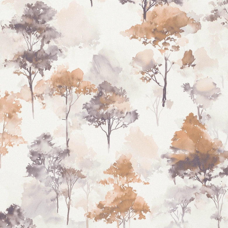 Non-woven akvarell skogstapet i beige brungrå med träd i höstlook 