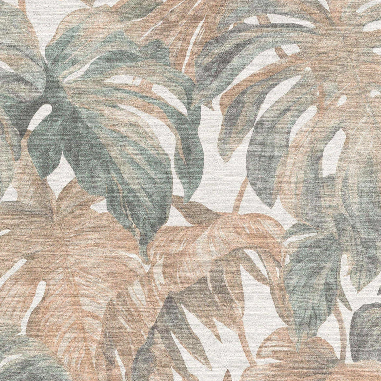 Tapete Vlies Blätter in Beige Blau Greige tropisch modern mit Monstera Look 
