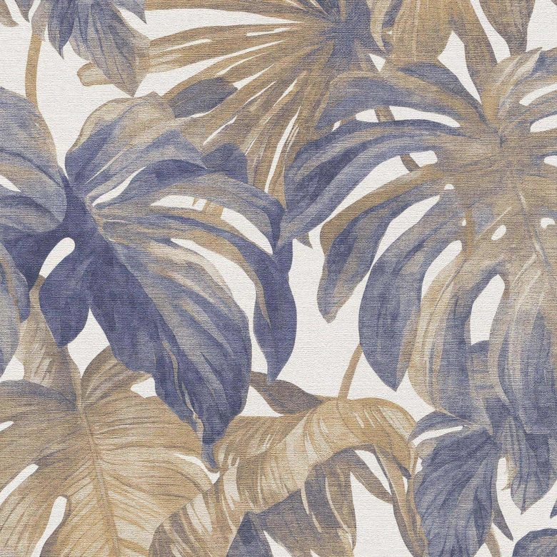 Vlies Tapete Tropische Blätter in Blau Beige mit Monstera Look modern elegant 