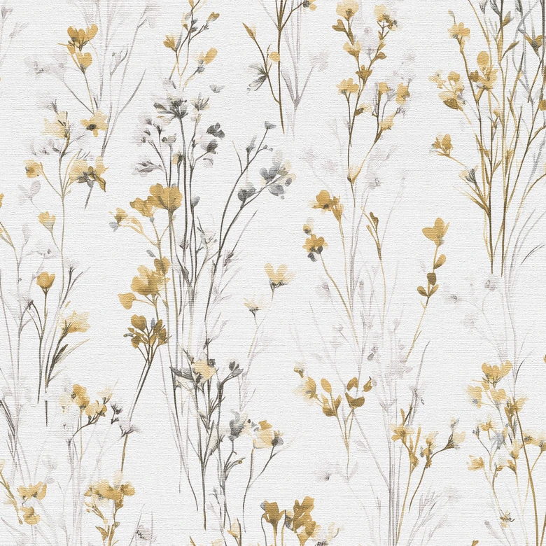 Vliestapete mit zarten Wiesenblumen in Gelb Weiß als florale Naturtapete 