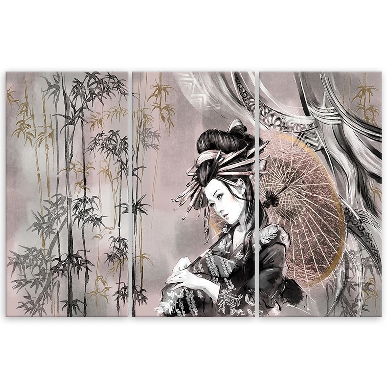 Leinwandbild 3 teilig, Geisha und Bambus 