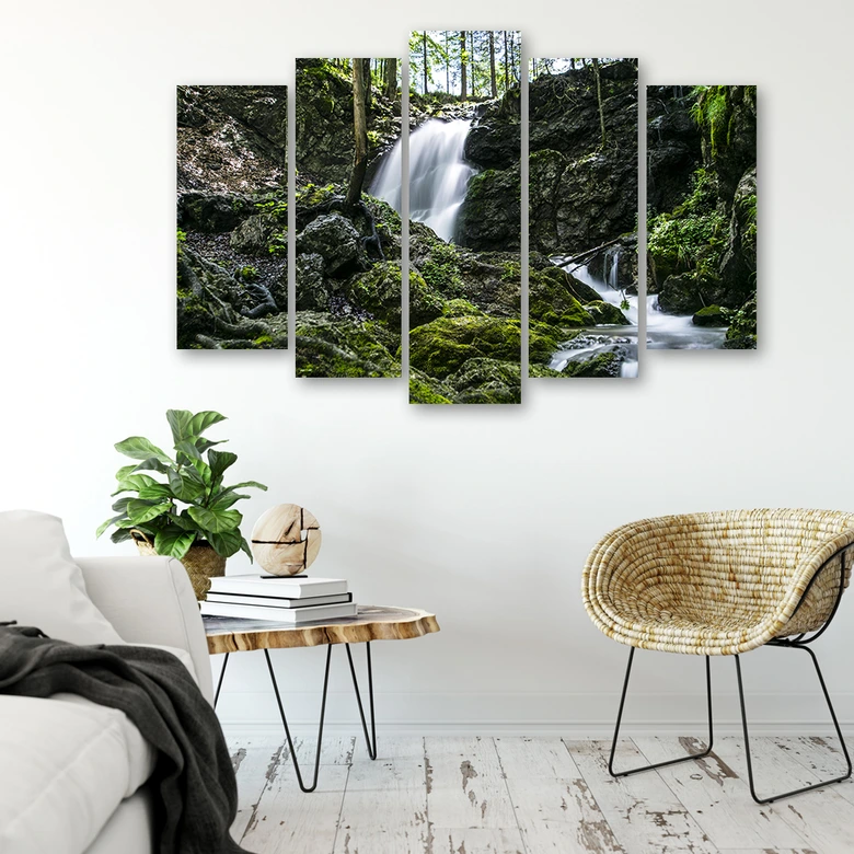 Leinwandbild 5 teilig, Wasserfall Wald Felsen 
