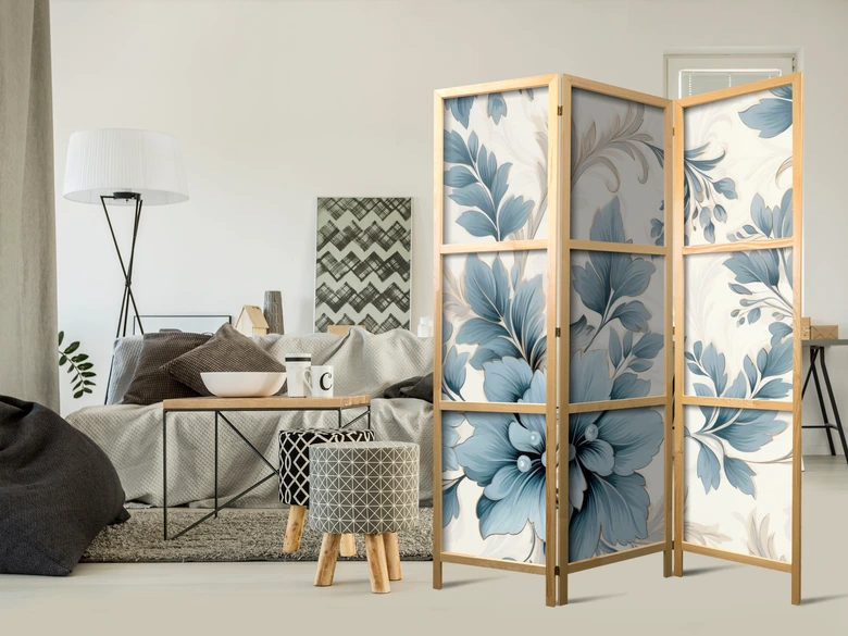 Japanischer Paravent, Raumteiler freistehend, Trennwand - Turquoise Retro Flowers 