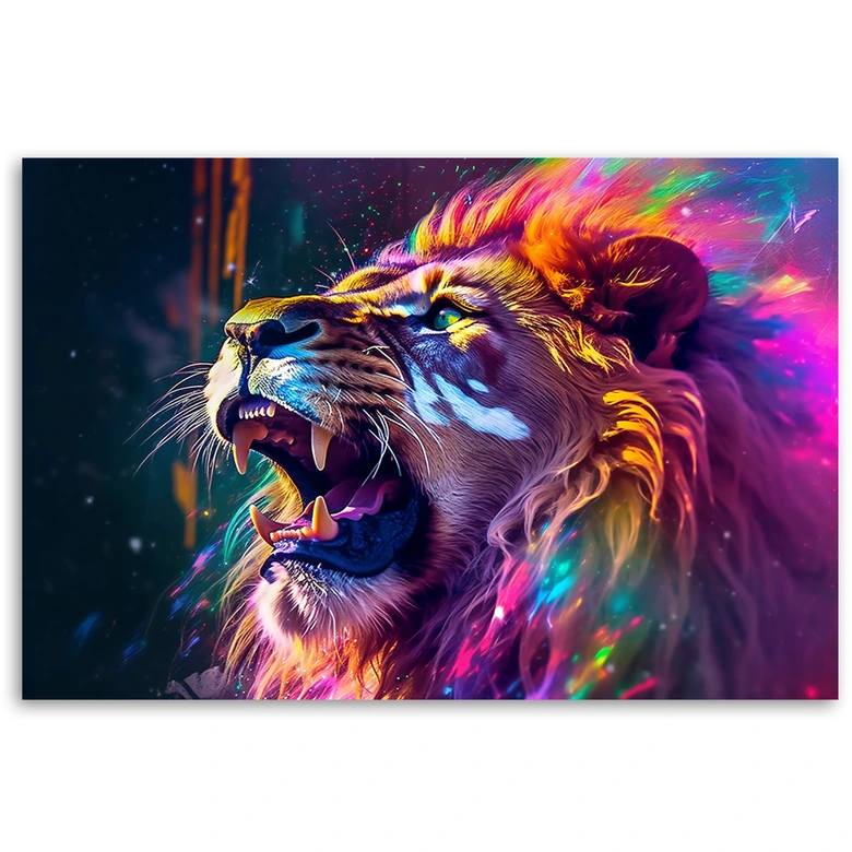 Leinwandbild, Löwe Brüllen Neon Abstraktion 