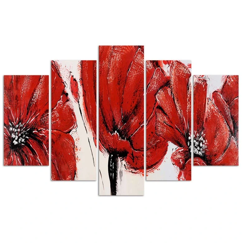 Leinwandbild 5 teilig, Rote Acrylblumen 